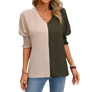 Blusas femininas moda cor bloqueio chiffon camisa feminina estiramento plissado batwing manga solta decote em v blusa feminina confortável casual topo