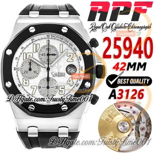 APF 42 mm Automatyczny chronograf RS Chrono zegarek z czarną ceramiczną ramką, białą teksturą, markery liczbowe, gumowe paski Super Edition