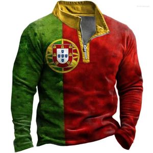 Herrtröjor portugal flagga män lång ärm polo skjorta anpassade namn blixtlås 3d tröja pullover casual stativ krage jacka kläder