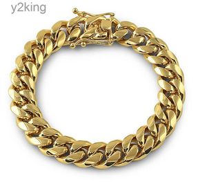 Solid 18k guld rostfritt stål herrar tjocka tunga miami kubanska länkkedja armband 8mm-14mm armband män punk trottoarkant dubbel säkerhet lås mh6t