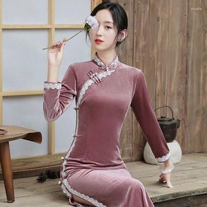 Etnisk kläder klassisk sammet lång qipao höst vinter rosa ärm cheongsam traditionell kinesisk klänning orientalisk sexig vestidos