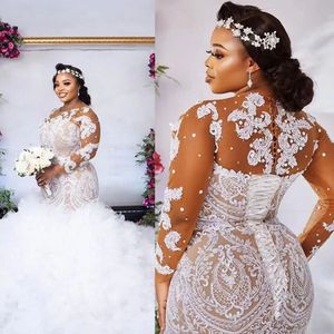 Arabo Aso Ebi Abiti da sposa a sirena floreale sexy Illusione di moda maniche lunghe Abito da sposa con coda staccabile Elegante applique Lunghezza del pavimento Allacciatura sul retro 322