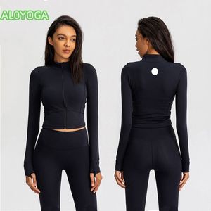 AL0YOGA-36女性カジュアルヨガの衣装クイックドライ長袖のトップフィットネスジャケットショートジッパースタンドカラージャケット