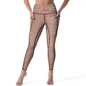 Kvinnors leggings faux metall rosguld texturerat tryck kör yoga byxor hög midja söta leggins elastiska anpassade