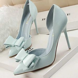 Dress Shoes Women 7.5cm 10cm High Heels Korean Pumps Scarpins Cute Bow Middle Low Heels Lady Fetish Sweet Wedding Bridal Yellow Blue Shoes