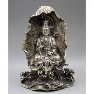 As estatuetas decorativas coletam o velho tibete prateado à mão esculpida Guanyin Avalokiteshvara estátua de Buda 21974
