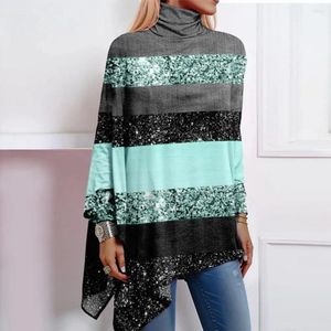 Women's Blouses Contrasting Colors Loose T-shirt Sequin Colorblock High Collar Blouse For Women Stylish Fall Spring Top With Irregular Hem