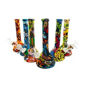 DHL Camouflage Colorful Silicone Water Bong Pipe Tobacco Hand Pipes Mini Beaker Bongs Cartoon Printing With Silicones Downstem Glass Bowl Dab Oil Rigs