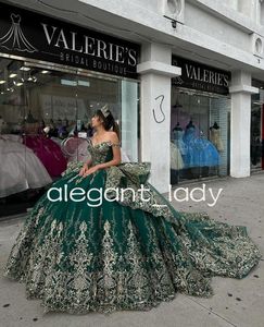Verde Esmeralda Sparkly Princess Abiti Quinceanera Off spalla di lusso Gillter Applique abiti da 15 quinceanera 2024