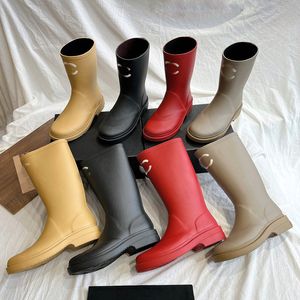 Designer-Stiefel für Damen, lange Stiefel, dicker Absatz, dicke Sohle, modische quadratische Zehenpartie, Damen-Regenstiefel, Halbstiefel, Gummistiefel, neue wasserdichte, rutschfeste, hohe Röhren-Regenschuhe, rein