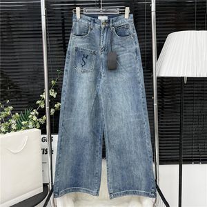 Classic Denim Pants Women Designer Clothing Pocket Embroidery Letter Design Jeans Fashion Wide Leg Pant For Lady