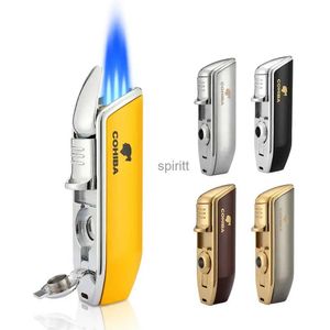 Lighters New Cohiba Ciger Lighther Metal 3 strumienie niebieski płomień turbo pochodnia wiatroodporna lżejsza zapłon z cygarami narzędziem punch