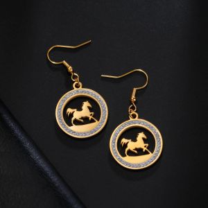 Cool Running Horse Drop Earrings Women Girls 14k Yellow Gold Clear Zircon Round Earrings Gold Color Animal Jewelry Gift