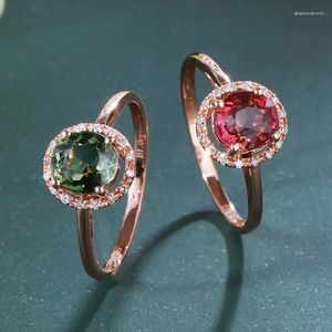 Cluster Rings 585 Purple Gold 14K Rose Round Ruby Crystal Engagement For Women Three-dimensional Inlay Craft Charm Luxury Jewelry