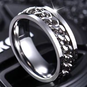 Anxiety Fidget Spinner Rings for Men Women Tire Texture 14K White Gold Spinning Rotatable Chain Ring Punk Anti Stress Jewelry