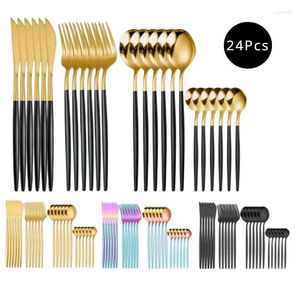 Geschirr-Sets, Edelstahl, Gold, Western-Set, 24-teilig, Steakmesser, Löffel und Gabel, portugiesisches Besteck, Esstisch