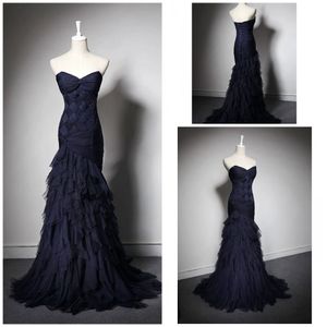 Real Pictures Dark Navy Evening Dresses Mermaid Prom Party Dresses Lace-up Back Layers Tulle Sweep Train