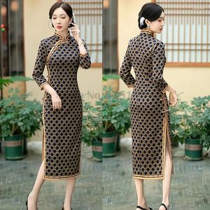 Ubranie etniczne w szachowniczym wydrukowane Cheongsam Ulepszony temperament Tradycyjny chiński sukienka Vintage Elegancka szczupła Qipao Classic