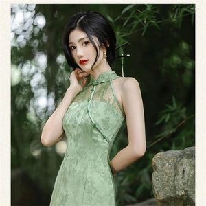 Sukienki swobodne retro zielony wyświetlacz biała zmodyfikowana wersja Cheongsam młody szczupły temperament koronkowy seksowna sukienka bez rękawów lato