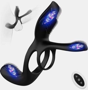 Massaggiatore giocattolo sessuale Vibratore per coppia Anello vibrante per pene 3 in 1 con 10 modalità Men039s Anelli per pene s Perineo Mens G spot Clitor4166668