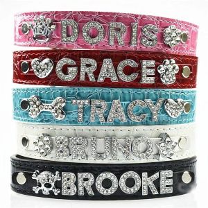Pet clothing Custom Dog Pet Collars PU Leather Rhinestone Personalized Name Letters Diamante Jewelry Gems DIY Pet Tag Croco Collar Charms for Small Medium Dogs Large