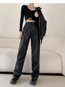 Womens Pants 2024guilantu High Waist Causal Leather for Women Button Zipper Up Pu Black Fall Straight Streetwear Trousers