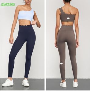 AL0YOGA-33 Damen-Set mit Spitzen-Fitness, stoßfest, Sport-BH, Strumpfhosen mit hoher Taille und pfirsichfarbenen Booty-Hosen