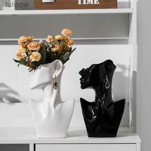 Vases Modern Art Abstract Side Face Vase Head Ceramic Vase Dried Flowers Table Florero Decoration Living Room Office Home Deco L240124