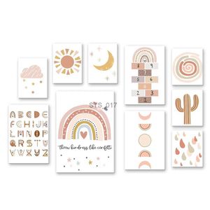 Gemälde, Boho-Leinwandgemälde für Kinderzimmer, Regenbogen-Alphabet, Sonne, Mond, Kaktus, Wandkunst, Poster, Kinderzimmer, Dekor, dekoratives Bild