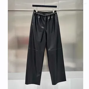 Women's Pants 2024 Women Genuine Leather Elastic Waist Loose Lambskin Wide Leg E73