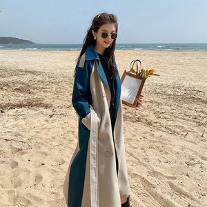 Women's Trench Coats Korean Version Coat Peacock Blue Patchwork British Style Suit Collar Versatile Long Windbreaker 2024 Spring Z356