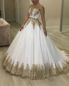 Dubai White And Gold A Line Wedding Dresses Lace Appliques Long Sleeves Bridal Gowns Court Train Bateau Neck Gorgeous Bride Formal Dress Back Buttons