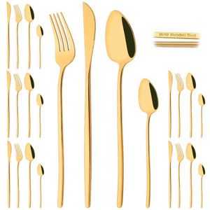 Camp Kitchen 24pcs Mirror Gold Middagsuppsättning 18/10 Rostfritt stål Knivgaffel Skedskedskåp Set Kitchen Silverware Flatware Tablewery Set YQ240123