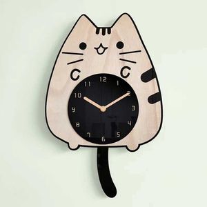 壁の時計クリエイティブ3D木製漫画猫壁時計家の装飾子供部屋の装飾ぐるぐる尾尾静かなクォーツデジタルスイング時計