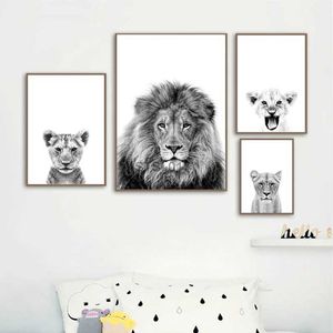 Pinturas leão filhote impressão preto e branco leoa animais cartazes safari berçário decoração da parede do bebê animal crianças arte da parede pintura em tela