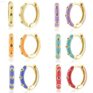 Ny design Rainbow Gold Plated 925 Sterling Silver Emalj Färgglad Huggie Hoop med zirkonörhängen för kvinnliga flickor