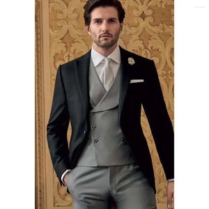 Herr kostymer England för män herrar tuxudo svart blazer grå västbyxor 3 stycke smal passform kontorsdräkt prom kläder traje hombre