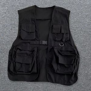 Men's Vests Unisex Vest Hip Hop Streetwear Individual Solid Color Sleeveless Loose Buckle Closure Multi Pockets Women Men Cargo Waistcoat