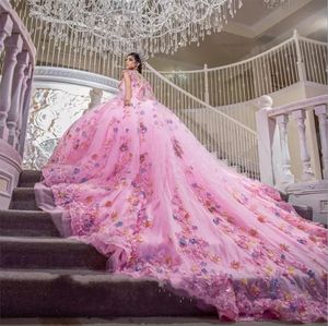 Różowy kwiatowy kryształowa cekinowa suknia balowa sukienki Quinceanera Sweetheart 3D Flowers Corpset Sweet 15 vestidos de anos