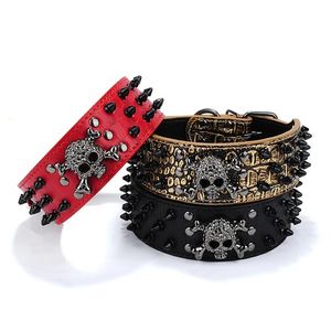 Leashes Black Spiked Studded Skull PU Leather Dog Collars Pitbull Bulldog Big Dog Adjustable Punk Pet Collar For Small Medium Large Dogs