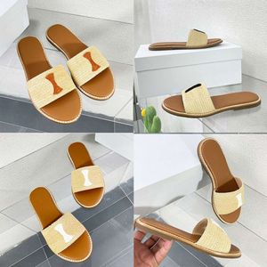 Luxo alpercatas chinelos de couro feminino plana palha slides sandálias verão ao ar livre casual flip flops com caixa 512