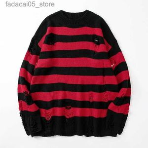 Suéter masculino listrado preto suéter destruído rasgado suéter masculino pulôver buraco malha jumpers homens oversized moletom harajuku manga comprida tops q240124