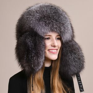 Unisex tam kapalı gerçek tilki kürk şapkası Russia russia trapper şapka kulak bayramı açık kayak ushanka şapka kış avcı şapka kapağı