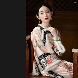 Ethnic Clothing Casual China Style Retro Flower Printing Dress Thickened Party Winter Large Sleeve Warm Pink Elegant Cheongsam Vestidos 2024