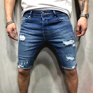 Jeans masculinos destruídos calças com buracos fino ajuste verão curto moda shorts calças azuis roupas