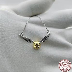 Necklaces 100% 925 Pure Silver Golden Snitch Pendant Necklace The Deathly Hallows Wing Charm Quidditch Gold Color Snitch Necklace