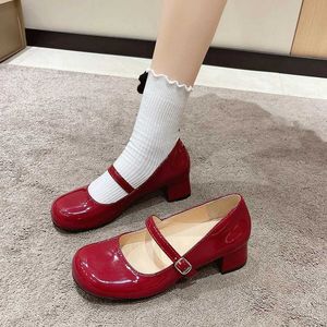 Dress Shoes Meotina Women Shoes High Heels Mary Janes Shoes Patent Leather Thick Heel Pumps Buckle Round Toe Female Footwear White Red