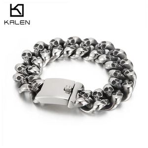 Armband 20mm svart/silverfärg tung chunky punk skalle armband mens rostfritt stål 316l spöke huvud trottoark kubanska kedjor armband