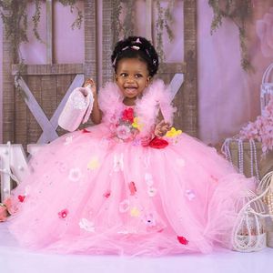 Pink Colorful Flower Girl Dresses Jewel Long Sleeves Hand Made Flowers Tiered Tulle Flowergirl Dresses Little Kids Birthday Party Gowns For Marriage F043