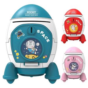 Rocket Piggy Bank com Chave Interruptor Grande Capacidade Moeda Caixa de Dinheiro Dos Desenhos Animados Coelho Astronauta Padrão Adesivos Presente de Aniversário para Crianças 240118